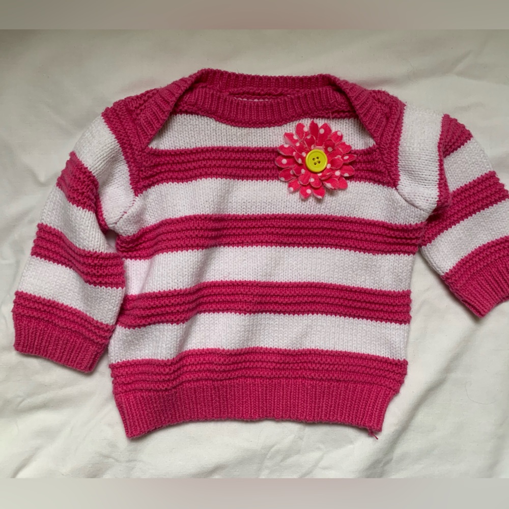 Children’s Place pink and white striped sweater with pink daisy detail 6-9m